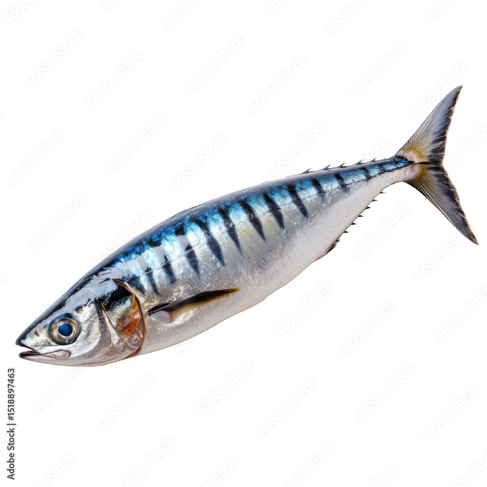 A fresh mackerel fish with shiny silver and blue striped scales, elongated body, and distinct fins. Png, Transparent background. A fresh mackerel fish with shiny silver and blue striped scales, elongated body, and distinct fins. Png, Transparent background.