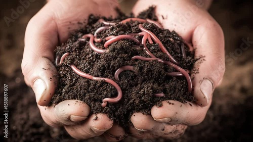 Dirty hands holding moist, nutrient-rich vermicompost filled with red wigglers, close-up of sustainable organic farming and composting practice