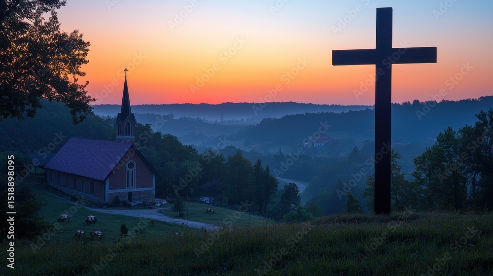 Fototapeta premium Scenic sunset over rural landscape with church and cross silhouetted against colorful sky with rolling hills and trees in the distance du dusk