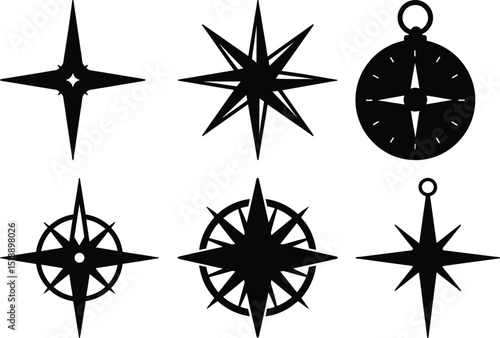 Collection of Vector Graphic Style Compass Rose and Navigation Icons Design