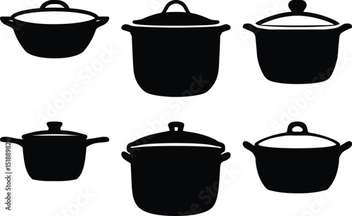 Silhouette icons of six different cooking pots, Set of six black silhouette icons depicting various cooking pots with lids, commonly used for preparing meals in the kitchen.
