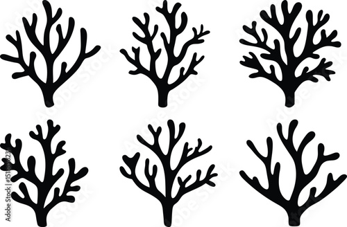 Black and white coral illustration with six similar sea plants