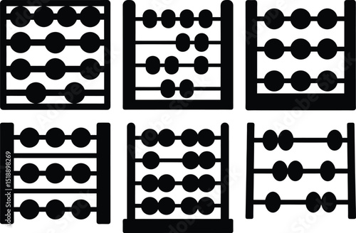 Collection of six different black and white stylized abacus illustrations