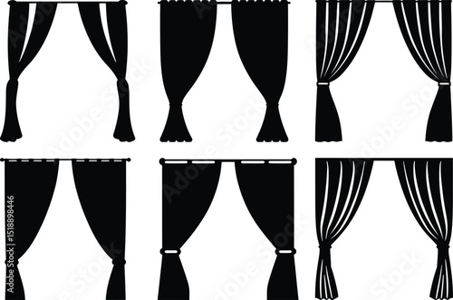 Black and white vector image showing different styles of window curtains