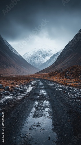 Remote mountain landscape with rugged dirt road leading through deep valleys, snow capped peaks under dramatic cloudy sky, moody wilderness scene