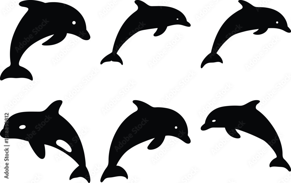 Fototapeta A group of stylized black silhouette dolphins swimming in a playful manner