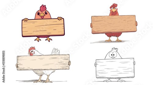 Charismatic hen holding a large wooden board, standing confidently with detailed feathers and expressive posture, perfect for farm, rustic, animal character, rural lifestyle, 