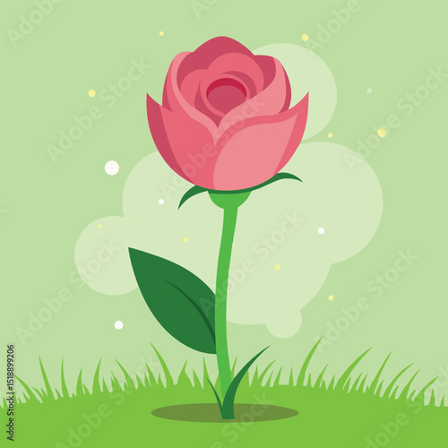 Elegant pink rose cartoon illustration with grass and green background