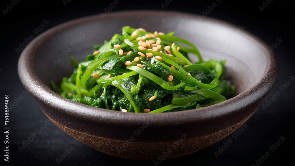 Blanched spinach tossed with sesame oil and seeds. Blanched spinach tossed with sesame oil and seeds.