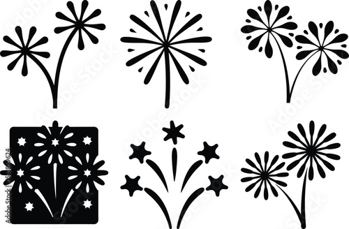 Silhouetted Collection of Fireworks and Sparkler Designs in Black and White