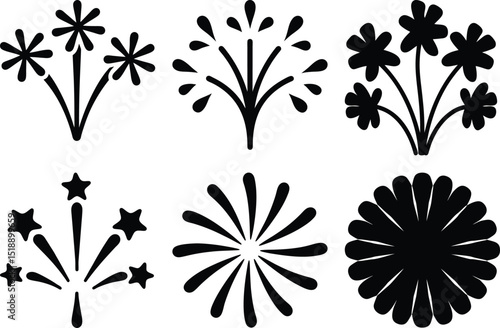 Six black silhouette floral and starburst designs set, Collection of six black silhouette designs featuring stylized flowers, star shapes, and decorative bursts in abstract patterns.
