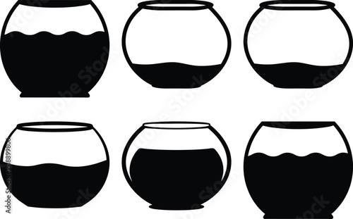 A collection of black and white vector illustrations of fishbowls at varying fill levels