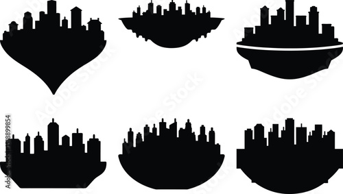 Silhouette Cityscapes on Floating Land Forms with Differing Shapes and Sizes
