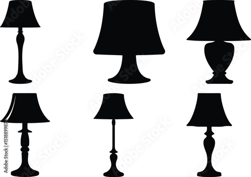 A collection of black silhouette lamps illustrating different styles and forms