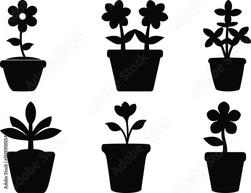Six potted flower plants silhouette illustration in black and white colors