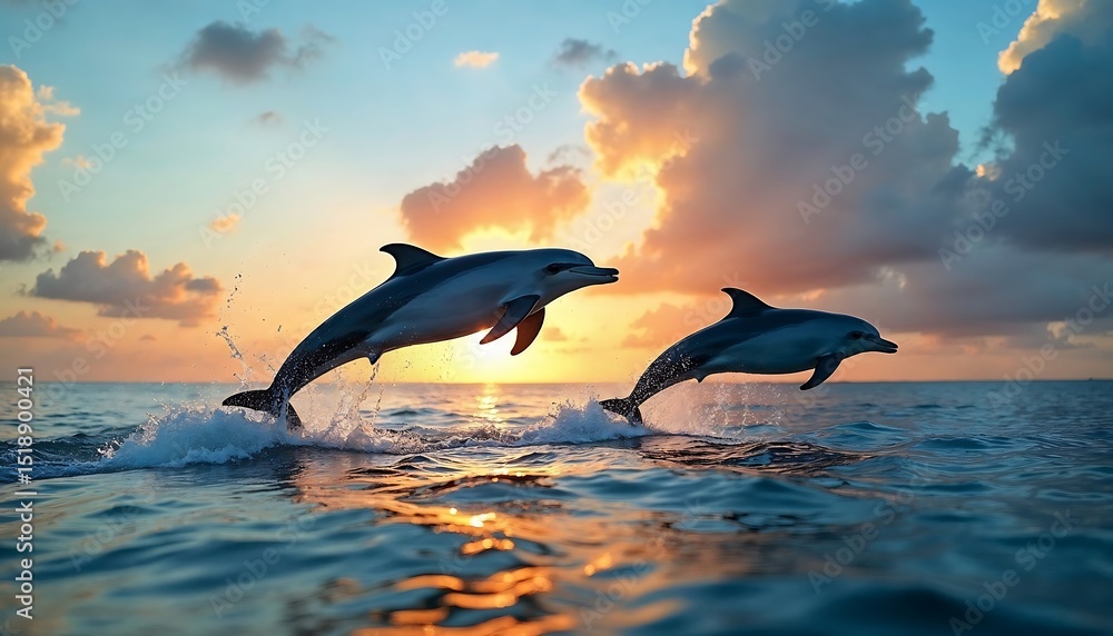 Fototapeta premium Dolphin Jumping in Ocean at Sunset