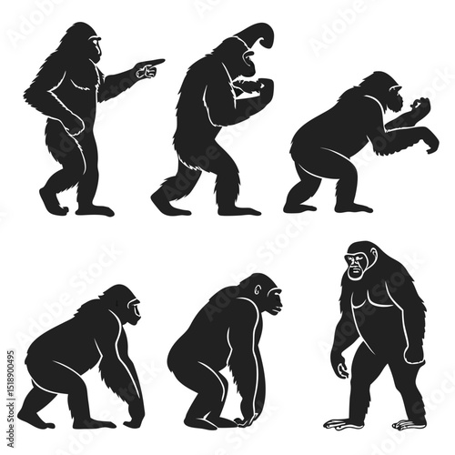 Silhouette collection of gorillas in various poses representing different expressions and actions