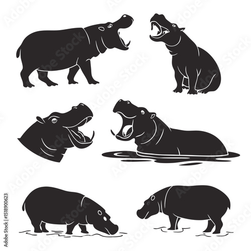 Stylized black silhouette illustrations of different hippopotamus poses and behaviors