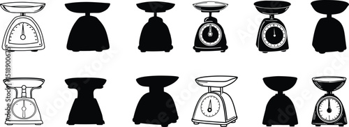 Minimalist kitchen scale silhouette, black modern weighing machine icon.