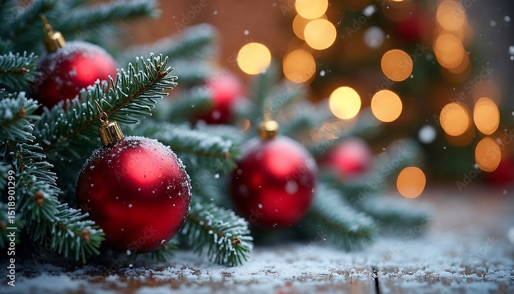 Fototapeta premium Red Christmas Ornaments on Snowy Branch