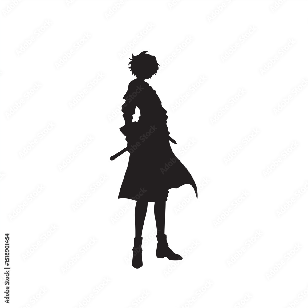 Expressive isekai anime character silhouette, rendered in classic black and white vector art. The minimalist composition features a stark white background, creating a timeless and elegant effect Expressive isekai anime character silhouette, rendered in classic black and white vector art. The minimalist composition features a stark white background, creating a timeless and elegant effect
