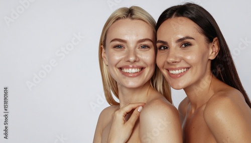 Diverse women smiling together, Two women with natural beauty, Happy friends with healthy skin.