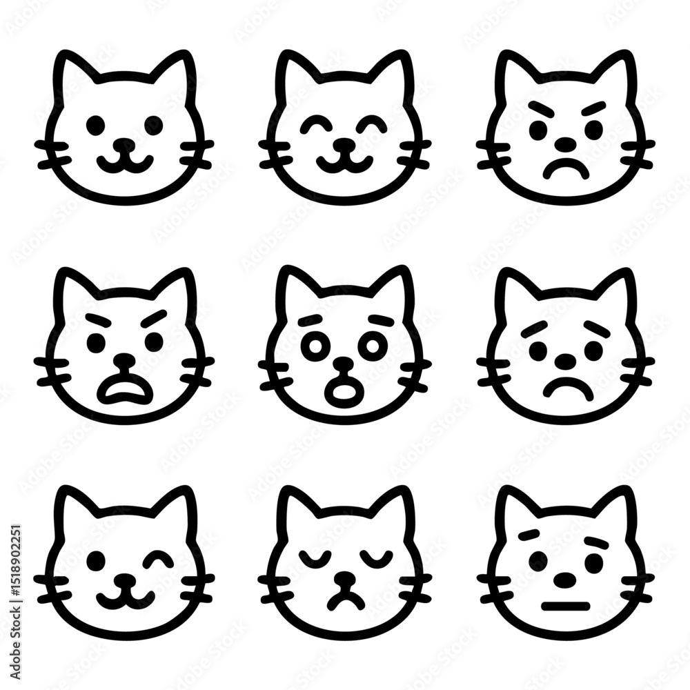 Fototapeta premium A set of doodle line icons featuring various cat facial expressions showing different moods and emotions