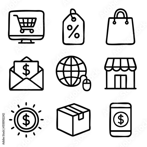 A set of doodle line icons related to online shopping, ecommerce, payment, delivery, and internet-based retail transactions