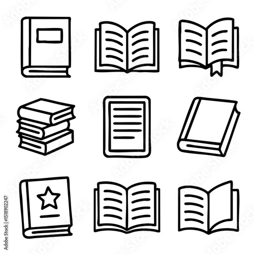 A set of doodle line icons showing books, reading, open pages, and educational materials