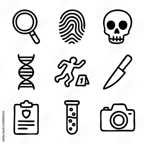 A set of doodle line icons representing forensic science, crime scene investigation, evidence analysis, and detective tools