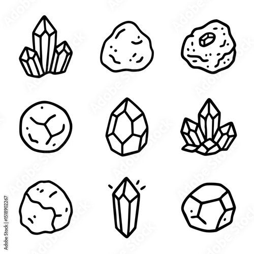 A set of doodle line icons representing various crystals, gemstones, minerals, and natural rock formations in simple outlines