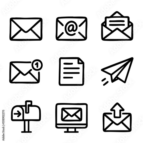 A set of doodle line icons showing envelopes, email notifications, paper planes, mailboxes, and digital message sending