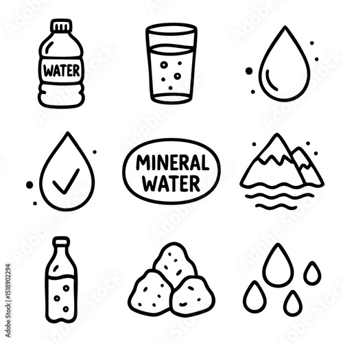 A set of doodle line icons representing mineral water, hydration, clean drinking water, natural sources, and water purity