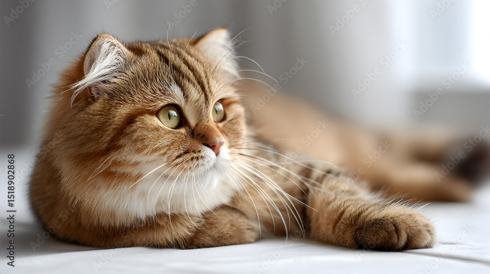 Fototapeta premium A stunning close-up portrait of a domestic cat lying down in a relaxed position, with beautiful fur and expressive eyes