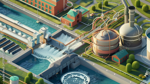 Water treatment plant releasing purified water into river .