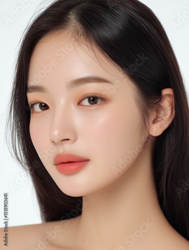 Close-up portrait of beautiful Asian girl with natural makeup and glowing skin