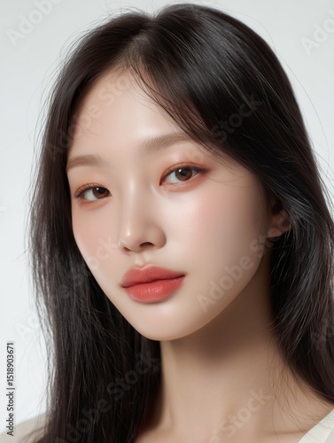 Close-up portrait of beautiful Asian girl with natural makeup and glowing skin