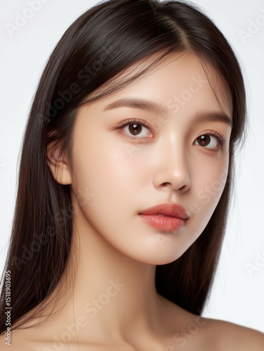 Close-up portrait of beautiful Asian girl with natural makeup and glowing skin