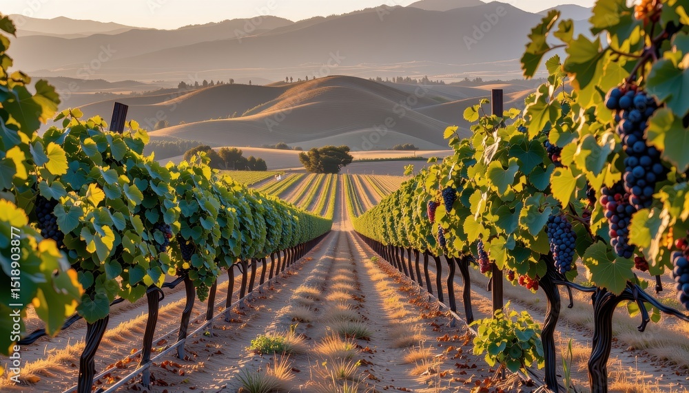 Fototapeta premium the environment harvesting grapes in a serene vineyard napa valley landscape photography golden hour scenic view nature'
