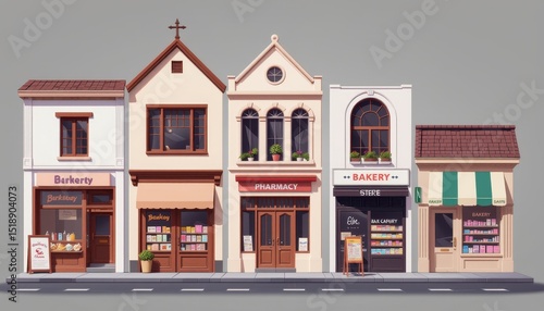 buildings and architecture small local shops, storefronts set break mini stores, buildings break bakery, boutique, cafe