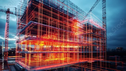 Wallpaper Mural Futuristic construction site with illuminated scaffolding and cranes under a dramatic sky at dusk Torontodigital.ca