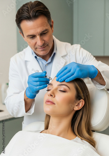 A medical professional administering an injection to a client's face, likely for aesthetic purposes.