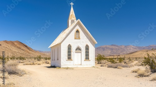 Small white wooden church with steeple and cross situated in a desert landscape under clear blue sky with distant mountains and sparse vegetation