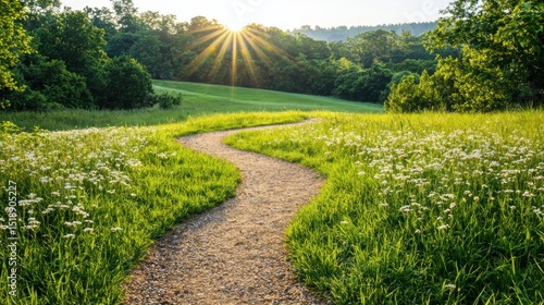 Serene countryside landscape with winding dirt path through lush green meadow illuminated by golden sunrise over distant forest and rolling hills peaceful outdoor setting