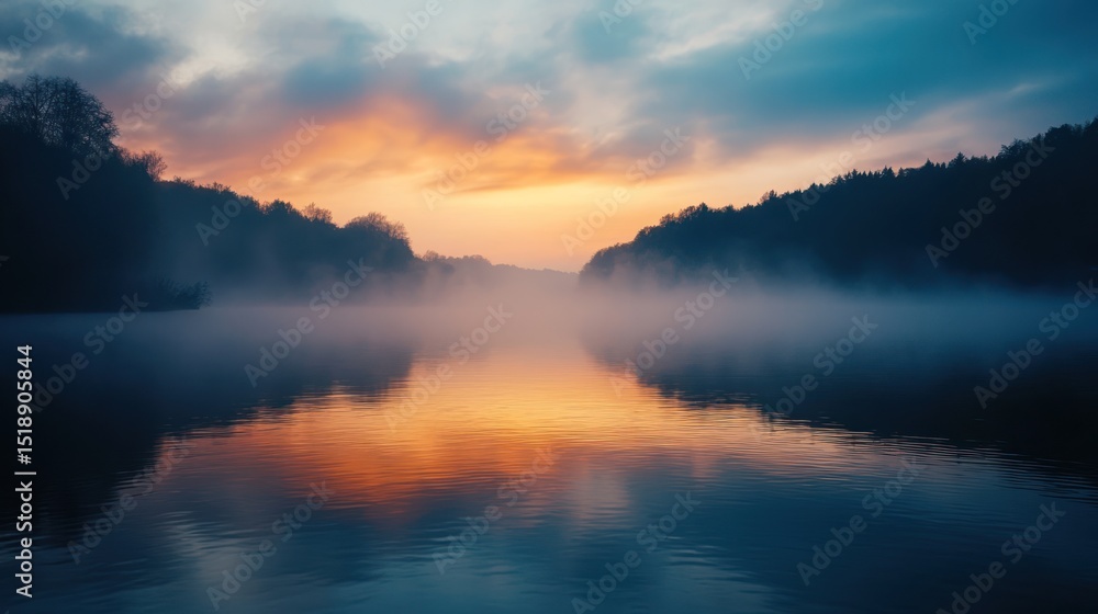 Fototapeta premium Misty River Sunset: A Serene Landscape