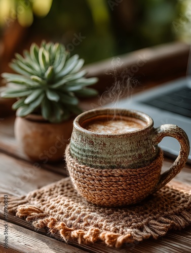 Wallpaper Mural Cozy Minimalist Desk Setup with Fresh Plant and Steaming Coffee Cup Torontodigital.ca