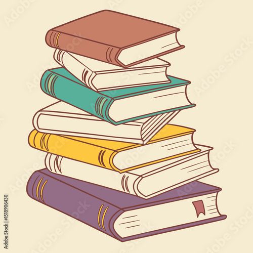 Books vector art illustration, stack, A neat, colorful stack of hardcover books arranged in a slightly leaning pile