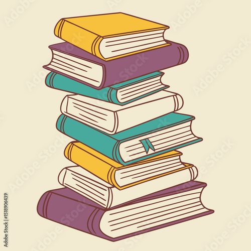 Books vector art illustration, stack, A neat, colorful stack of hardcover books arranged in a slightly leaning pile