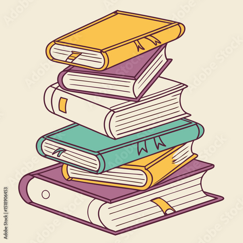 Books vector art illustration, stack, A neat, colorful stack of hardcover books arranged in a slightly leaning pile