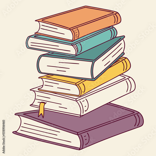 Books vector art illustration, stack, A neat, colorful stack of hardcover books arranged in a slightly leaning pile